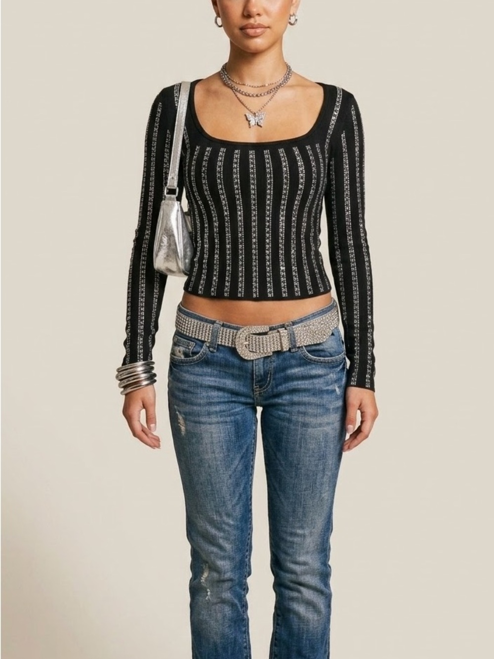 Muy Muy Fancy Collection Black Rhinestone Striped Long Sleeve Top S⁠